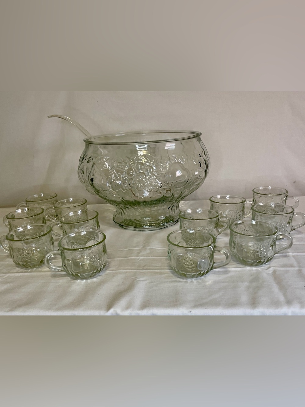 VINTAGE MCM Glass Punch Bowl Set with 12 Cups and Ladle